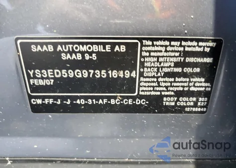 2007 Saab 9-5 2.3T from USA, damaged, VIN YS3ED59G973516494